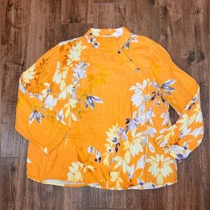 Soft Surroundings Orange Floral Boho Cotton Gauze Blouse L